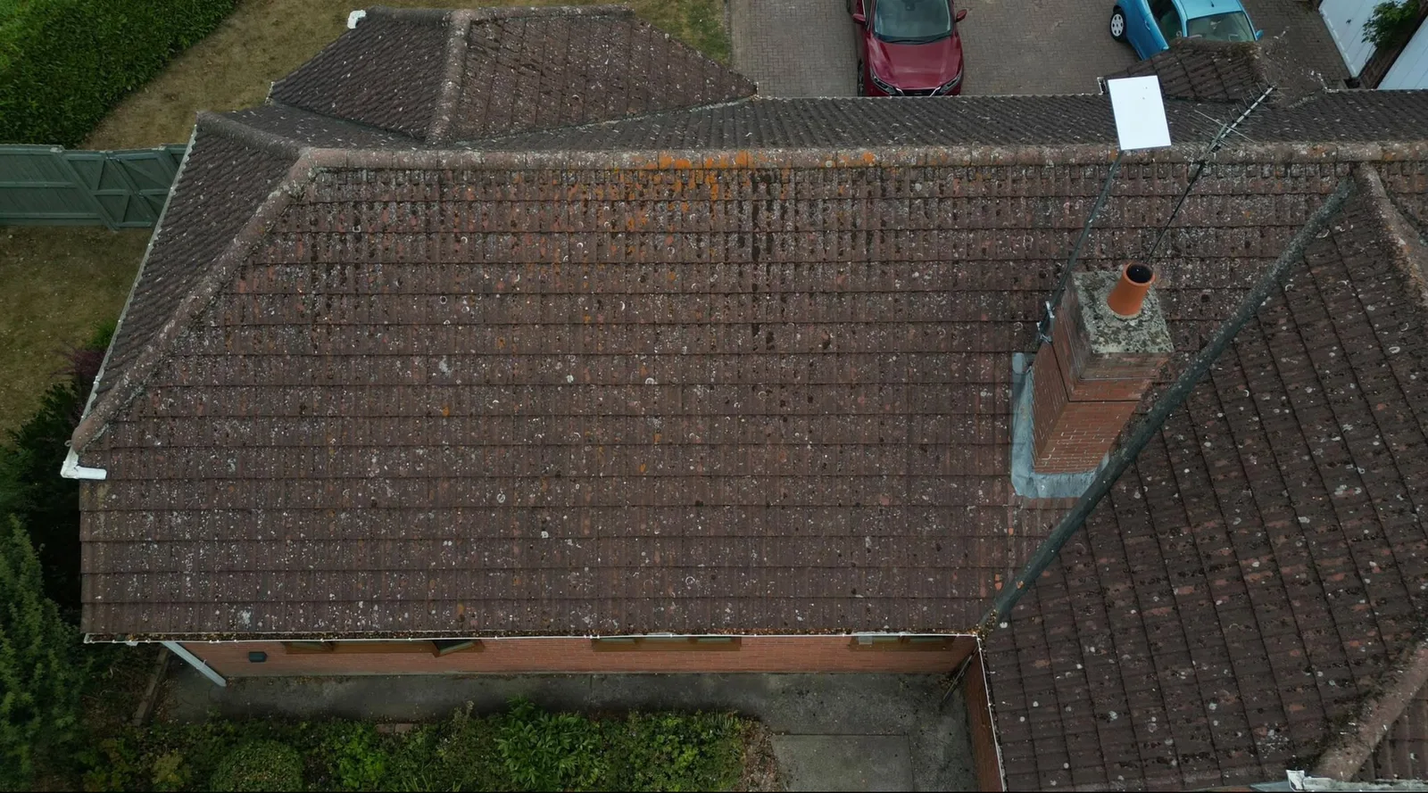 Overhead drone photograph of a tiled roof taken during a completed Vertex solar survey