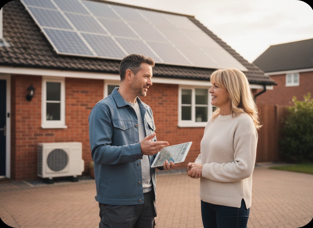 Surveyor with iPad discussing survey with homeowner at a property with solar panels and heat pump