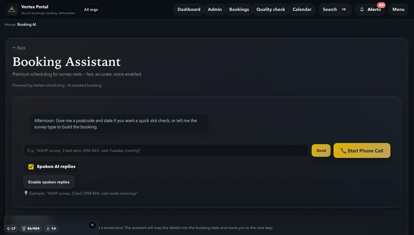 Live Vertex Portal Booking Assistant screen with text input, phone call button and spoken AI replies
