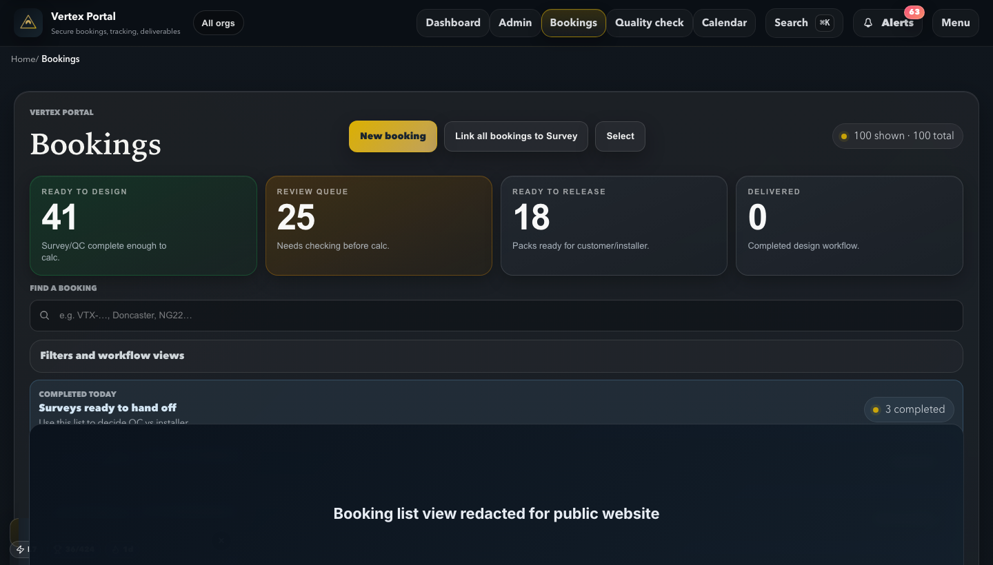 Redacted Vertex Portal view showing survey jobs moving through review, release and delivery