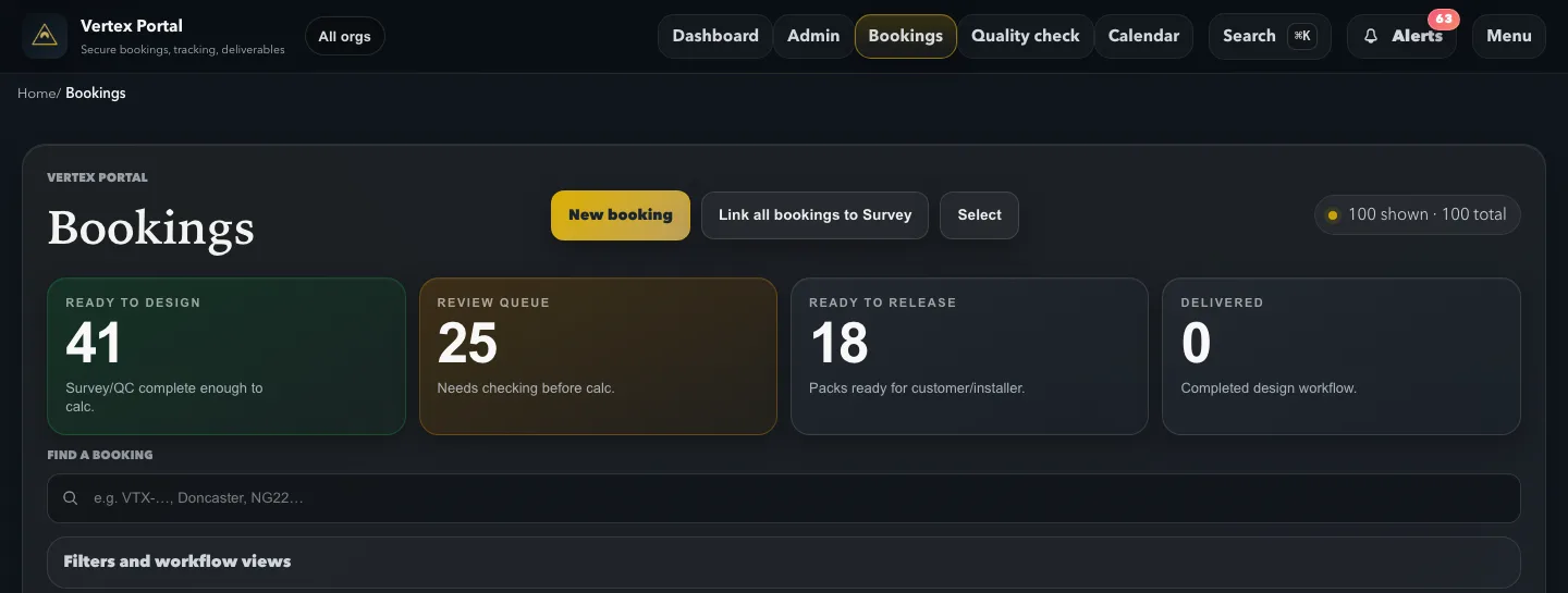Live Vertex Portal bookings overview showing ready to design, review queue, ready to release and delivered status cards